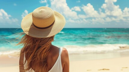 A woman with a hat on looking out to the ocean, AI