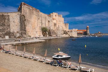 The beach Port d'Avall and the royal castle in Collioure, France