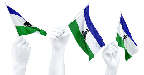 Hands waving Lesotho flags isolated on white - 781648323