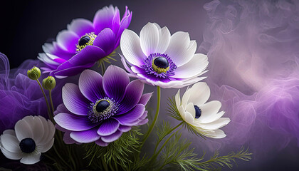  Fiori di anemone viola. Sfondo floreale. Primavera