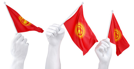Hands waving Kyrgyzstan flags isolated on white - 781648517
