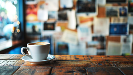 A freshly brewed cup of coffee sits on a wooden table, with the warm ambience of a book-filled cafe in the soft-focused background - Generative AI