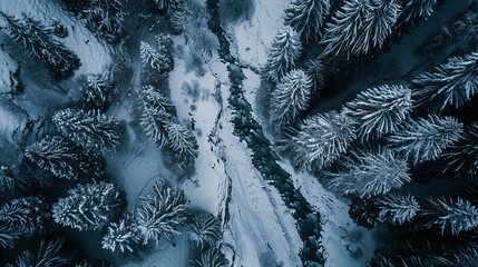  Winter Wonderland, Top-Down Drone Shot of Pine Forest and Frozen River