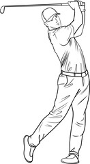 golfer vector outline illustration, hand drawn image. Design element, coloring book page
