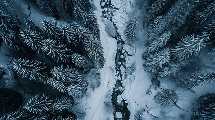  Winter Wonderland, Top-Down Drone Shot of Pine Forest and Frozen River