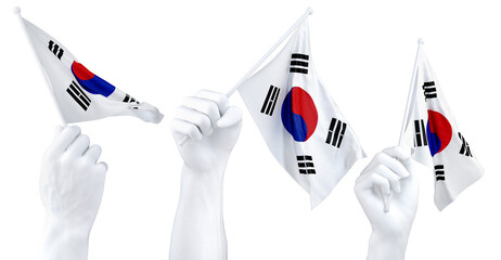 Hands waving South Korea flags isolated on white - 781649176