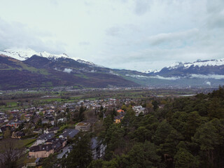 The view from above Interlaken, Switzerland. Looking forward the Swiss Alps 