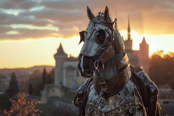 Horse dressed as a knight, medieval castle background, dawn light, valiant quest. - obrazy, fototapety, plakaty