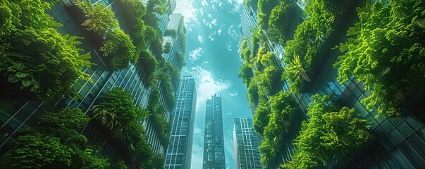 a futuristic cityscape with buildings featuring greenery and sustainable design elements, sustainable future where nature and technology blend seamlessly, harmony between architecture and nature