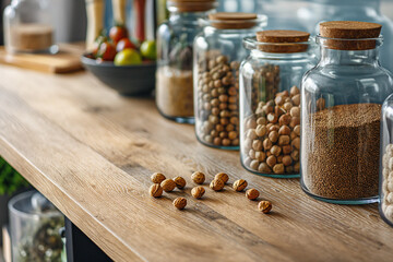 Photo of a stylish kitchen countertop with a massive wooden board on which glass transparent jars with nuts and spices are placed