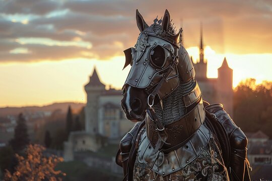 Horse dressed as a knight, medieval castle background, dawn light, valiant quest.