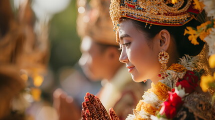 A bride in ornate balinese attire with exquisite golden jewelry participates in a cultural wedding ritual as the day fades - Generative AI - obrazy, fototapety, plakaty