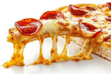 Close-up of a single pepperoni pizza slice with melted cheese dripping, isolated on white background
