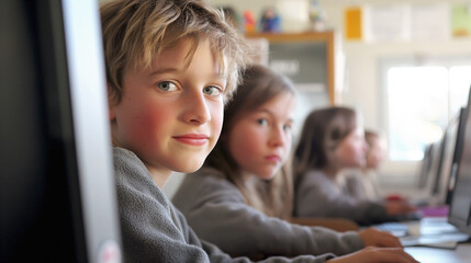 A group of young students is engaged in a computer learning activity in a brightly lit classroom, with a boy in the foreground looking towards the camera - Generative AI