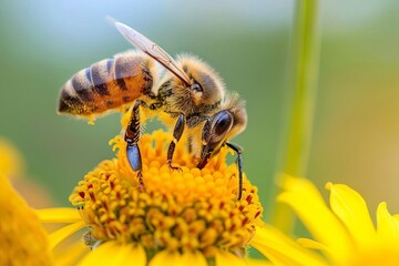 Close-up of honey bee pollinating yellow Helenium flowers in garden, macro photography