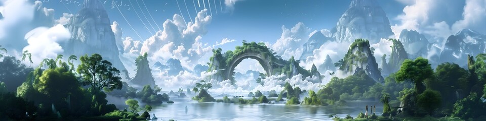 A fantasy landscape with an archway leading to another world, surrounded by lush greenery and towering mountains - obrazy, fototapety, plakaty