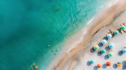 Aerial View of a Pristine Tropical Beach with Sunshades and Turquoise Sea - obrazy, fototapety, plakaty