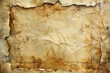 Aged parchment paper texture with torn edges, old yellowed document background illustration - obrazy, fototapety, plakaty