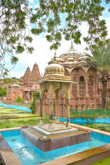 Front view inside of Mandore Gardens with amazing cenotaphs, ruins and temples