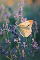 Butterfly on lavender in a blooming garden, gentle breeze, close-up, serene summer day.
