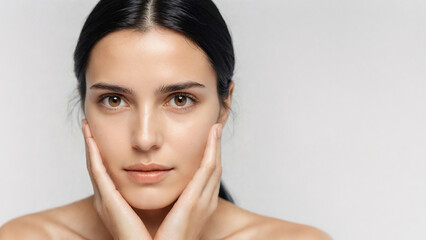 Obraz premium Portrait Close-up Picture of a Concerned and Caring White European Woman, Touch Her Face Skin with Fingers, Worried About Skincare and Stress. Open text or Copy area space for Advertisement Caption.