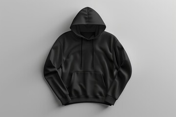 Black Hoodie Mockup on Grey Background, Minimalist Apparel Display for Custom Designs, 3D Rendering