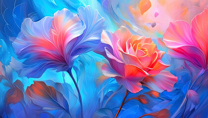 A Floral Impression: 3D Abstract Art - Pastel Rose Petals & Swirling Blue Hues 