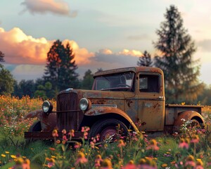 Old-fashioned pickup in a field of wildflowers, late afternoon glow, eye-level, serene. - obrazy, fototapety, plakaty