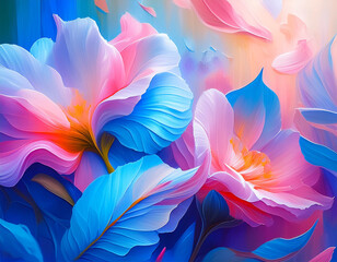 A Floral Fantasy: 3D Abstract Oil Painting - Dreamy Roses & Flowing Blues