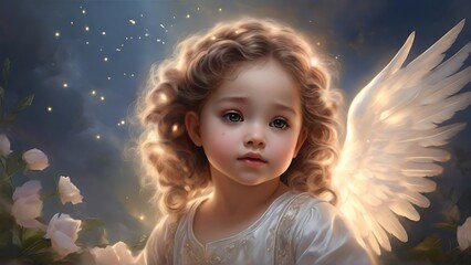 Heavenly Innocence: A Cherubic Baby Girl Angel, Her Innocent Face Turned Toward the Light