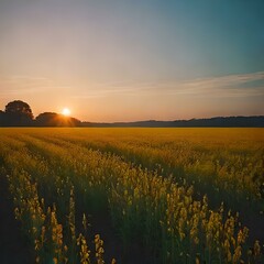 A large field at sunset in spring