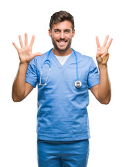 Young handsome doctor surgeon man over isolated background showing and pointing up with fingers number eight while smiling confident and happy.