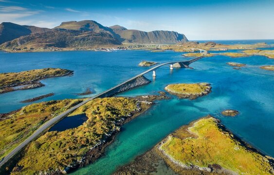 Aerial view of Stor Bridge, Fredwang, Ramberg, Lofoten, Nordland, Norway, Europe