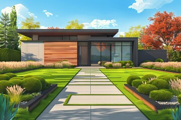 Modern house front yard with green grass lawn and wooden edging, contemporary landscape design illustration