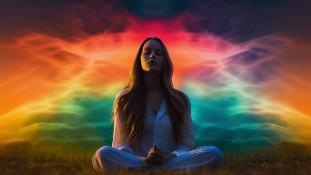  A vivid image of a person in meditation with a dynamic, colorful sunset background, ideal for promoting spiritual well-being and inner peace. , generative Ai         
