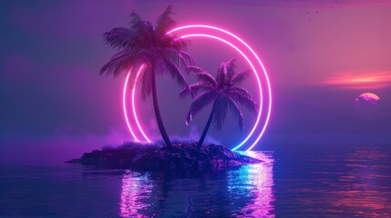 Fototapeta na wymiar beautiful island with a neon circle
