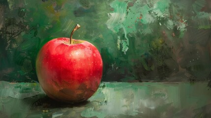 Red apple on green surface with green background