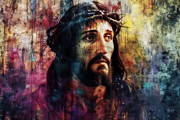 Portrait of Jesus Christ on grungy abstract background, digital painting - obrazy, fototapety, plakaty