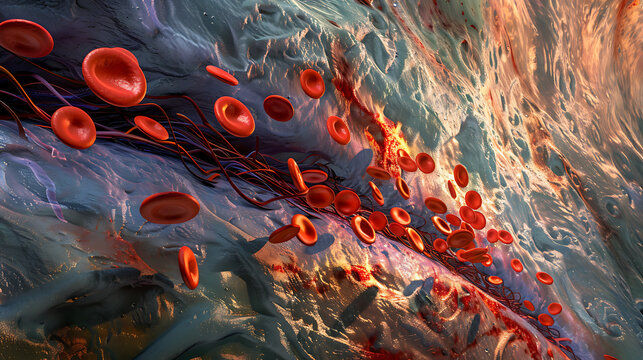 computer-generated illustration depicts red blood cells flowing through a vein or artery