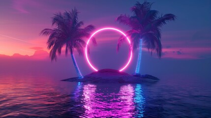 beautiful island with a retro style neon circle with a large lake and a sunset in high resolution and high quality HD