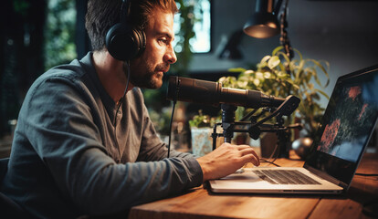 Male Podcaster Recording Live Show in Home Studio