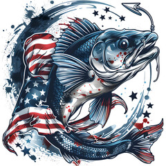patriotic fishing themed t-shirt design, logo with a white background