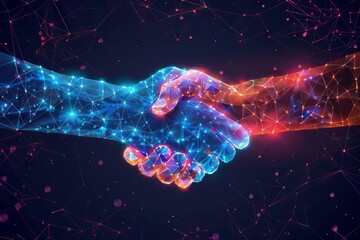 Crypto handshake signifying prosperous financial technology partnership, abstract background illustration - obrazy, fototapety, plakaty