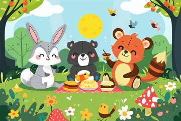 Cute cartoon animal characters having a picnic in a sunny meadow, cheerful vector illustration