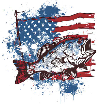 patriotic fishing themed t-shirt design, logo with a white background