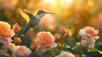 A hummingbird hovers over blooming roses with sunlight casting a golden glow, soft tones, fine details, high resolution, high detail, 32K Ultra HD, copyspace