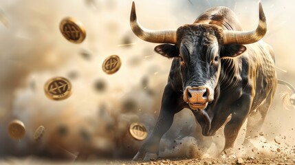 A raging bull in dynamic motion, coins flying around it in a dust cloud, soft tones, fine details, high resolution, high detail, 32K Ultra HD, copyspace - obrazy, fototapety, plakaty