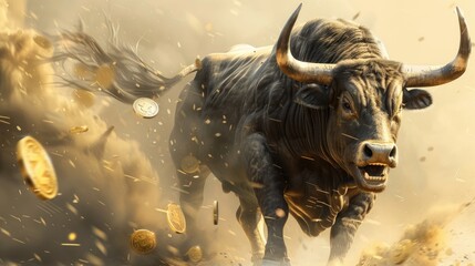A raging bull in dynamic motion, coins flying around it in a dust cloud, soft tones, fine details, high resolution, high detail, 32K Ultra HD, copyspace