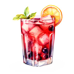 Watercolor illustration of a berry lemonade with mint and citrus