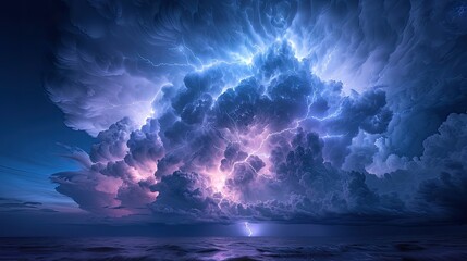 Dramatic storm clouds with intense lightning bolts, soft tones, fine details, high resolution, high detail, 32K Ultra HD, copyspace